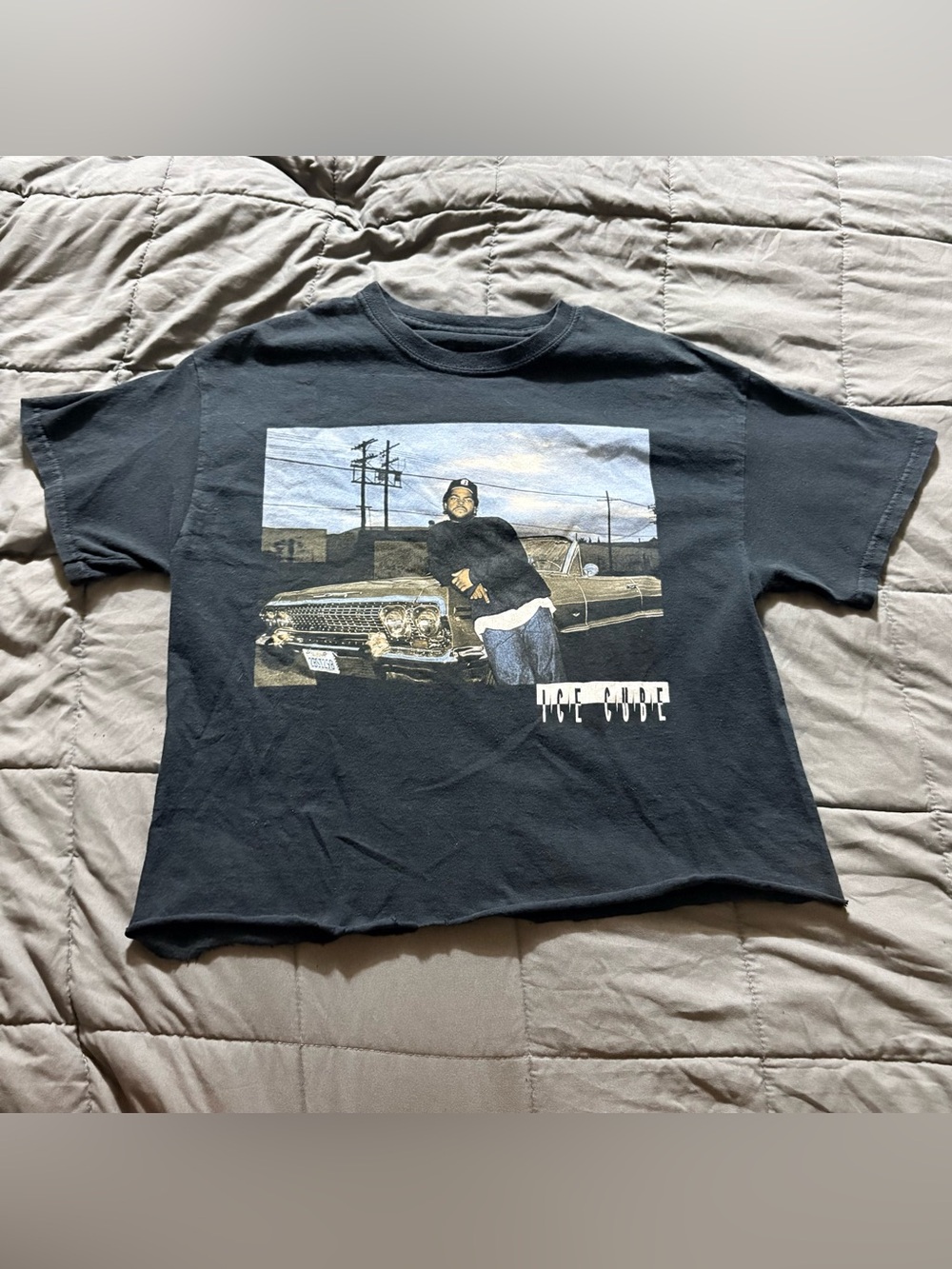 ICE CUBE Womens Black Short Sleeve Crop Top Impala Car Logo, Hip Hop DIY Medium